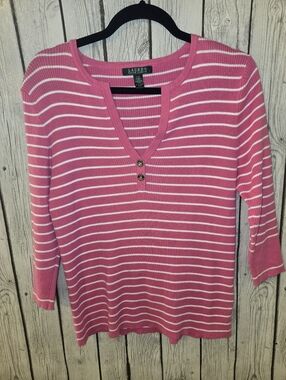 Lauren Ralph Lauren Pink White Stripe Henley Sweater Top Women’s Large Cotton
